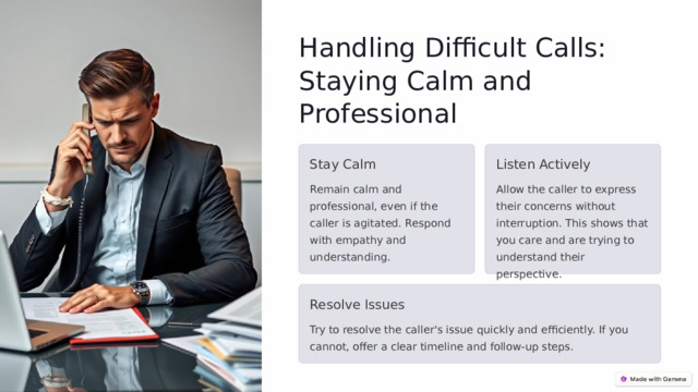 Handling Difficult Calls: Staying Calm and Professional Stay Calm Listen Actively Remain calm and professional, even if the caller is agitated. Respond with empathy and understanding. Allow the caller to express their concerns without interruption. This shows that you care and are trying to understand their perspective. Resolve Issues Try to resolve the caller's issue quickly and efficiently. If you cannot, offer a clear timeline and follow-up steps.