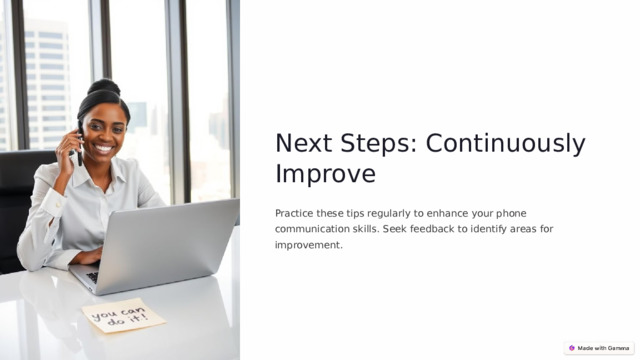 Next Steps: Continuously Improve Practice these tips regularly to enhance your phone communication skills. Seek feedback to identify areas for improvement.