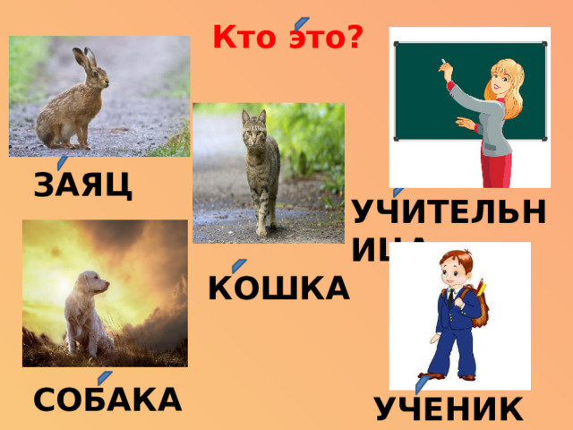 Кто это? ЗАЯЦ УЧИТЕЛЬНИЦА КОШКА СОБАКА УЧЕНИК