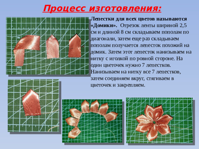 Процесс изготовления: Лепестки для всех цветов называются «Домики». Отрезок ленты шириной 2,5 см и длиной 8 см складываем пополам по диагонали, затем еще раз складываем пополам получается лепесток похожий на домик. Затем этот лепесток нанизываем на нитку с иголкой по ровной стороне. На один цветочек нужно 7 лепестков. Нанизываем на нитку все 7 лепестков, затем соединяем вкруг, стягиваем в цветочек и закрепляем.