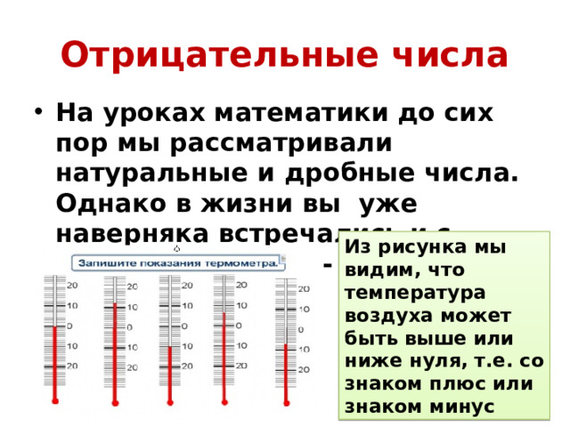 Отрицательные числа На уроках математики до сих пор мы рассматривали натуральные и дробные числа. Однако в жизни вы  уже наверняка встречались и с другими числами - отрицательными Из рисунка мы видим, что температура воздуха может быть выше или ниже нуля, т.е. со знаком плюс или знаком минус