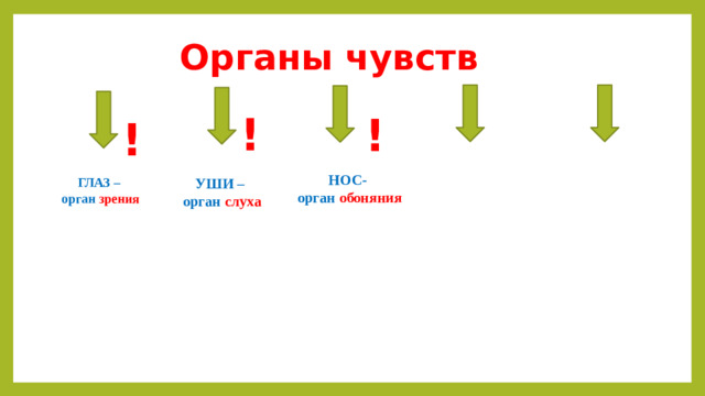 Органы чувств  ! ! ! НОС- орган обоняния ГЛАЗ – УШИ – орган зрения орган слуха