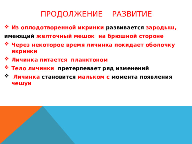 Продолжение Развитие Из оплодотворенной икринки развивается зародыш, имеющий желточный мешок на брюшной стороне