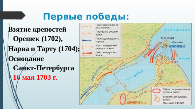 Первые победы: Взятие крепостей Орешек (1702), Нарва и Тарту (1704); Основание Санкт‑Петербурга 16 мая 1703 г.