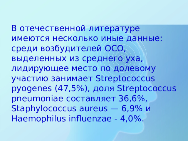 В отечественной литературе имеются несколько иные данные: среди возбудителей ОСО, выделенных из среднего уха, лидирующее место по долевому участию занимает Streptococcus pyogenes (47,5%), доля Streptococcus pneumoniae составляет 36,6%, Staphylococcus aureus — 6,9% и Haemophilus influenzae - 4,0% .