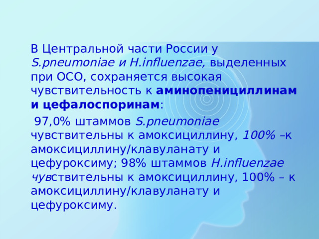 В Центральной части России у S.pneumoniae и H.influenzae, выделенных при ОСО, сохраняется высокая чувствительность к аминопенициллинам и цефалоспоринам :   97,0% штаммов S.pneumoniae чувствительны к амоксициллину, 100% – к амоксициллину/клавуланату и цефуроксиму; 98% штаммов H.influenzae чув ствительны к амоксициллину, 100% – к амоксициллину/клавуланату и цефуроксиму.