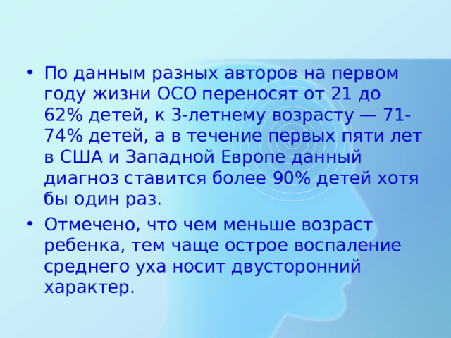 По данным разных авторов на первом году жизни ОСО переносят от 21 до 62% детей, к 3-летнему возрасту — 71-74% детей, а в течение первых пяти лет в США и Западной Европе данный диагноз ставится более 90% детей хотя бы один раз. Отмечено, что чем меньше возраст ребенка, тем чаще острое воспаление среднего уха носит двусторонний характер.
