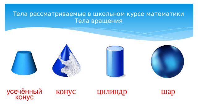 Тела рассматриваемые в школьном курсе математики  Тела вращения конус  цилиндр  шар