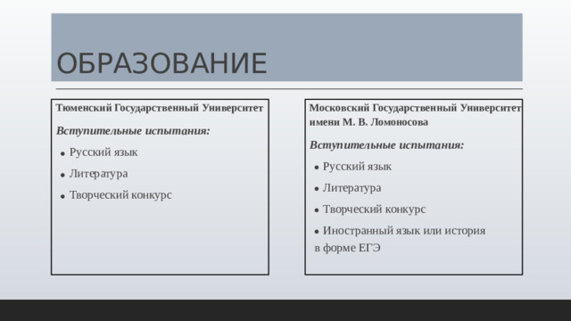 ОБРАЗОВАНИЕ Тюменский Государственный Университет Вступительные испытания: Московский Государственный Университет имени М. В. Ломоносова Вступительные испытания: Русский язык Литература Творческий конкурс Русский язык Литература Творческий конкурс Русский язык Литература Творческий конкурс Иностранный язык или история Русский язык Литература Творческий конкурс Иностранный язык или история в форме ЕГЭ