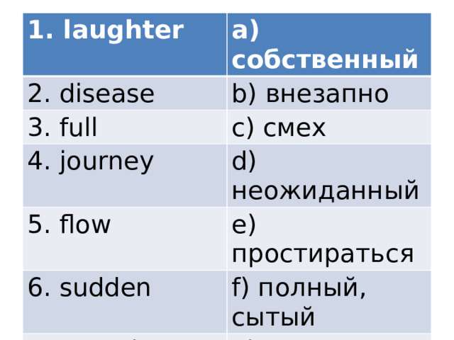 1. laughter a) собственный 2. disease b) внезапно 3. full c) смех 4. journey d) неожиданный 5. flow e) простираться 6. sudden f) полный, сытый 7. stretch g) течь 8. own h) поездка 9. suddenly i) болезнь