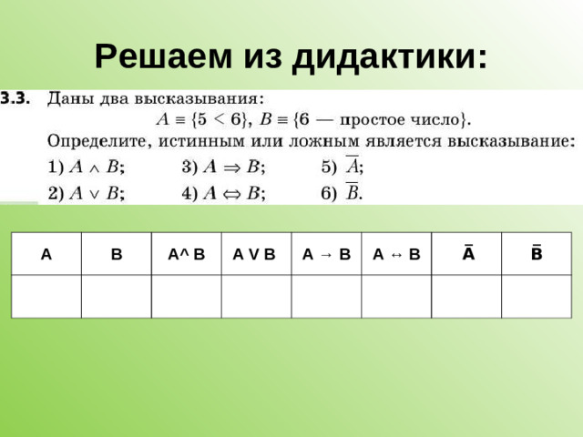 Решаем из дидактики: А В А^ В А V В А → В А ↔ В  A̅ B̅