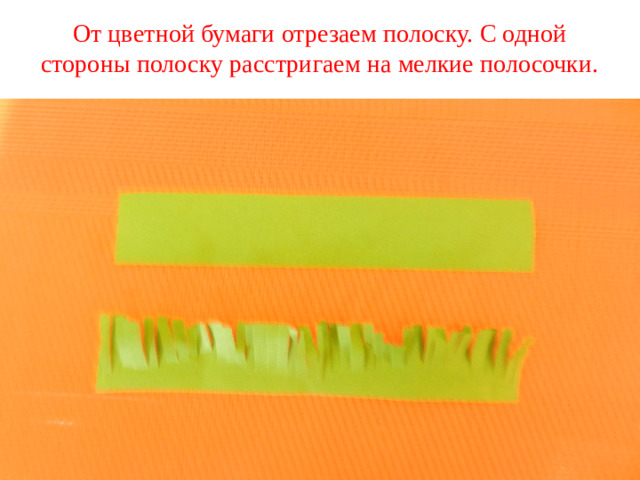 От цветной бумаги отрезаем полоску. С одной стороны полоску расстригаем на мелкие полосочки.