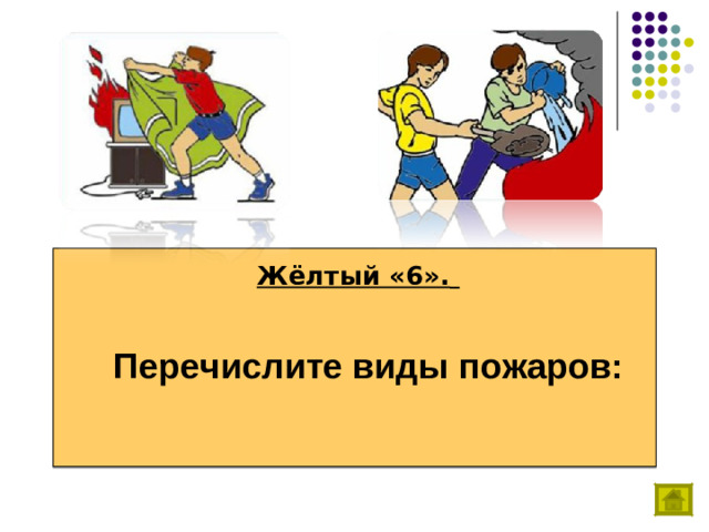 Жёлтый «6».    Перечислите виды пожаров: