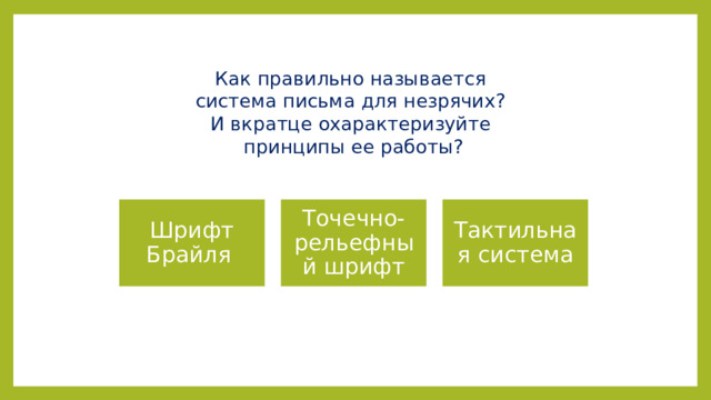 Как правильно называется  система письма для незрячих?  И вкратце охарактеризуйте  принципы ее работы? Шрифт Брайля Точечно-рельефный шрифт Тактильная система