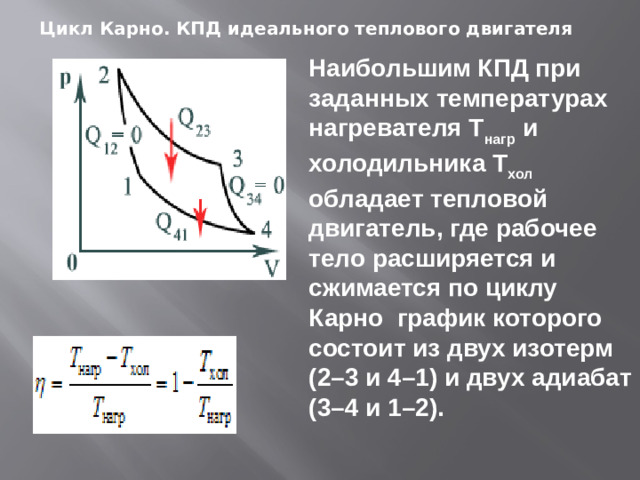 Цикл Карно. КПД идеального теплового двигателя Наибольшим КПД при заданных температурах нагревателя T нагр и холодильника T хол обладает тепловой двигатель, где рабочее тело расширяется и сжимается по циклу Карно график которого состоит из двух изотерм (2–3 и 4–1) и двух адиабат (3–4 и 1–2).