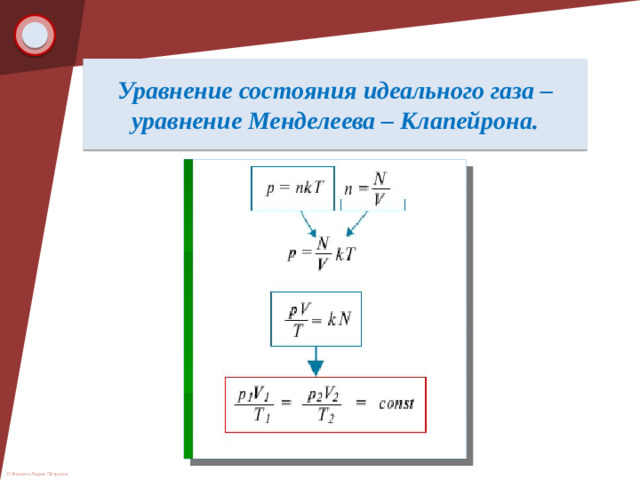 Уравнение состояния идеального газа – уравнение Менделеева – Клапейрона.