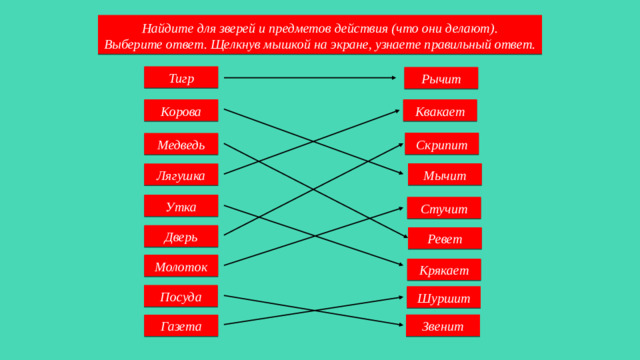 Найдите для зверей и предметов действия (что они делают). Выберите ответ. Щелкнув мышкой на экране, узнаете правильный ответ. Тигр Рычит Корова Квакает Скрипит Медведь Мычит Лягушка Утка Стучит Дверь Ревет Молоток Крякает Посуда Шуршит Звенит Газета