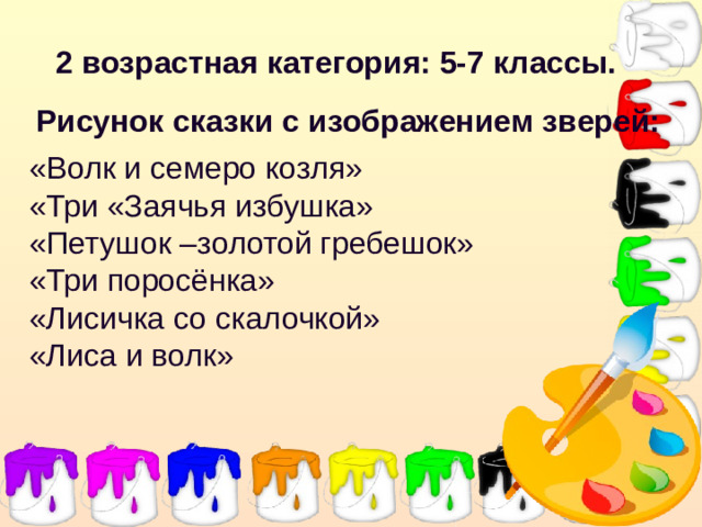 2 возрастная категория: 5-7 классы.   Рисунок сказки с изображением зверей: «Волк и семеро козля» «Три «Заячья избушка» «Петушок –золотой гребешок» «Три поросёнка» «Лисичка со скалочкой» «Лиса и волк»