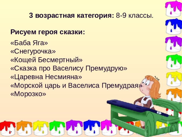 3 возрастная категория: 8-9 классы. Рисуем героя сказки: «Баба Яга» «Снегурочка» «Кощей Бесмертный» «Сказка про Васелису Премудрую» «Царевна Несмияна» «Морской царь и Васелиса Премудрая» «Морозко»   .