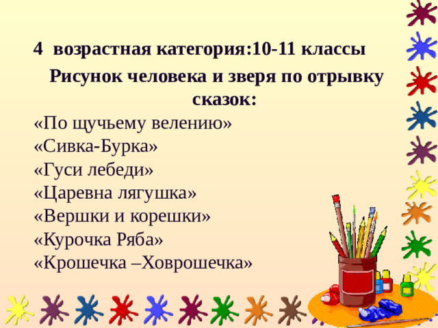 4 возрастная категория:10-11 классы Рисунок человека и зверя по отрывку сказок: «По щучьему велению» «Сивка-Бурка» «Гуси лебеди» «Царевна лягушка» «Вершки и корешки» «Курочка Ряба» «Крошечка –Ховрошечка»