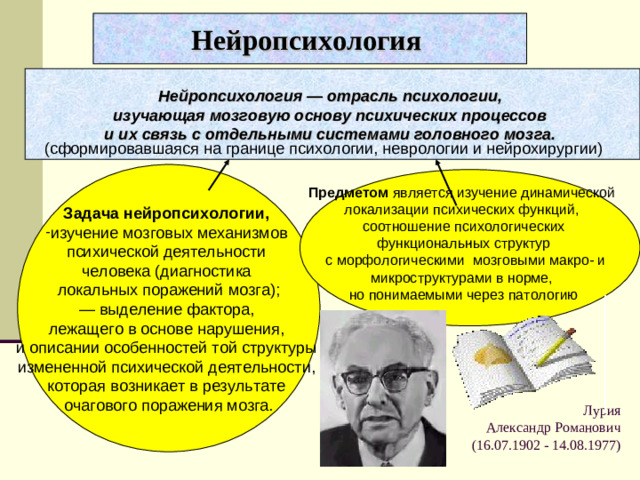 Нейропсихология  Нейропсихология — отрасль психологии, изучающая мозговую основу психических процессов и их связь с отдельными системами головного мозга.  (сформировавшаяся на границе психологии, неврологии и нейрохирургии) Задача нейропсихологии, изучение мозговых механизмов психической деятельности человека (диагностика локальных поражений мозга); — выделение фактора, лежащего в основе нарушения, и описании особенностей той структуры измененной психической деятельности, которая возникает в результате очагового поражения мозга. . Предметом является изучение динамической локализации психических функций, соотношение психологических функциональных структур  с морфологическими мозговыми макро- и микроструктурами в норме, но понимаемыми через патологию Лурия  Александр Романович  (16.07.1902 - 14.08.1977)