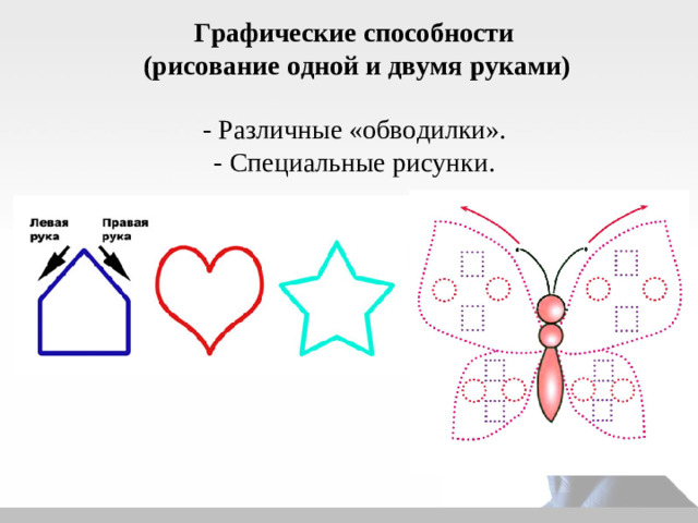 Графические способности (рисование одной и двумя руками) - Различные «обводилки». - Специальные рисунки.