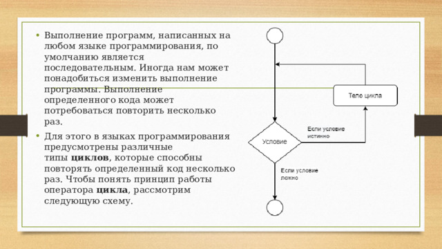 Выполнение программ, написанных на любом языке программирования, по умолчанию является последовательным. Иногда нам может понадобиться изменить выполнение программы. Выполнение определенного кода может потребоваться повторить несколько раз. Для этого в языках программирования предусмотрены различные типы  циклов , которые способны повторять определенный код несколько раз. Чтобы понять принцип работы оператора  цикла , рассмотрим следующую схему.