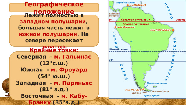 Географическое положение Лежит полностью в западном полушарии , большая часть лежит в южном полушарии . На севере пересекает экватор. Крайние точки: Северная - м. Гальинас (12°с.ш.) Южная - м. Фроуард (54° ю.ш.) Западная - м. Париньяс (81° з.д.) Восточная - м. Кабу-Бранку (35°з.д.)