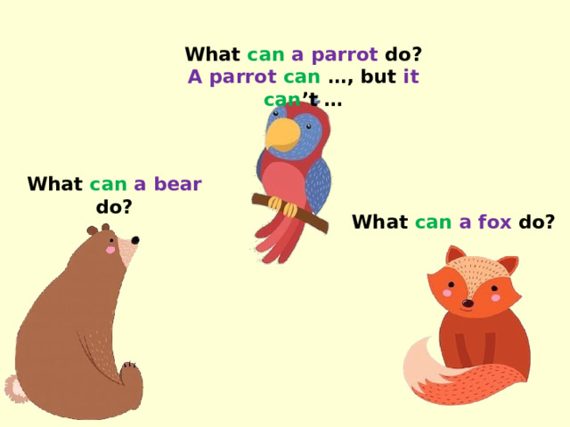 What can  a parrot do? A parrot  can …, but it  can ’t … What can  a bear do? What can  a fox do?