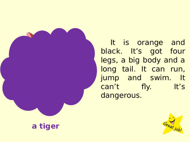 It is orange and black. It’s got four legs, a big body and a long tail. It can run, jump and swim. It can’t fly. It’s dangerous. a tiger