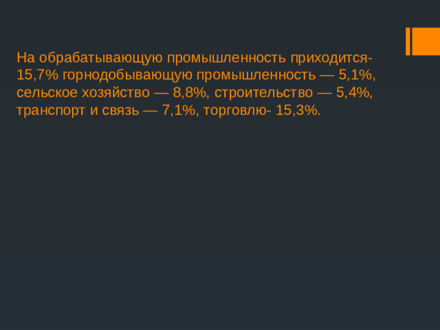 На обрабатывающую промышленность приходится-15,7% горнодобывающую промышленность — 5,1%, сельское хозяйство — 8,8%, строительство — 5,4%, транспорт и связь — 7,1%, торговлю- 15,3%.