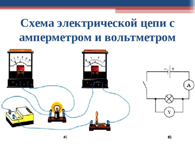 Схема электрической цепи с амперметром и вольтметром