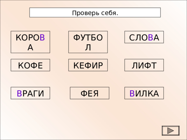 Проверь себя. КОРО В А ФУТБОЛ СЛО В А КОФЕ КЕФИР ЛИФТ В РАГИ ФЕЯ В ИЛКА