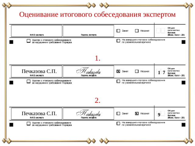 Оценивание итогового собеседования экспертом 1. Печказова С.П. х 1 7 2. Печказова С.П. х 9