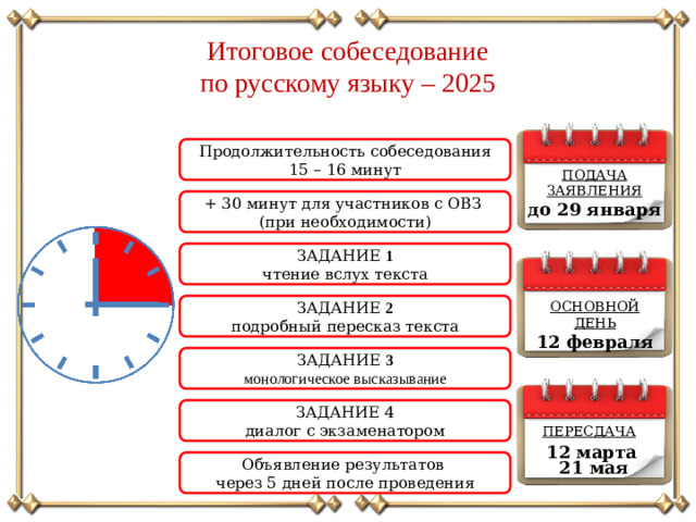 Итоговое собеседование по русскому языку – 2025 Продолжительность собеседования 15 – 16 минут ПОДАЧА ЗАЯВЛЕНИЯ до 29 января  + 30 минут для участников с ОВЗ (при необходимости) ЗАДАНИЕ 1 чтение вслух текста ОСНОВНОЙ ДЕНЬ 12 февраля ЗАДАНИЕ 2 подробный пересказ текста ЗАДАНИЕ 3 монологическое высказывание ЗАДАНИЕ 4 диалог с экзаменатором ПЕРЕСДАЧА 12 марта 21 мая Объявление результатов через 5 дней после проведения