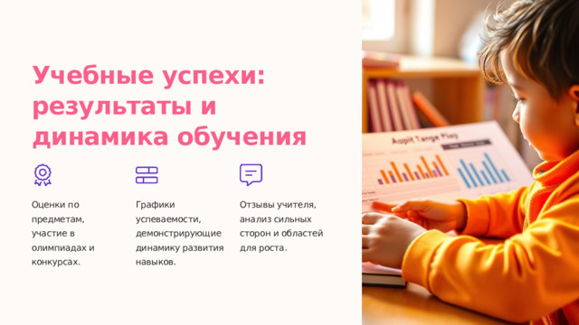 Учебные успехи: результаты и динамика обучения Оценки по предметам, участие в олимпиадах и конкурсах. Графики успеваемости, демонстрирующие динамику развития навыков. Отзывы учителя, анализ сильных сторон и областей для роста.