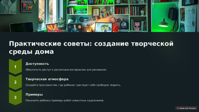 Практические советы: создание творческой среды дома Доступность Обеспечьте доступ к различным материалам для рисования. Творческая атмосфера Создайте пространство, где ребенок чувствует себя свободно творить. Примеры Покажите ребенку примеры работ известных художников.