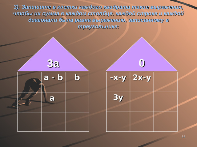 3). Запишите в клетки каждого квадрата такие выражения, чтобы их сумма в каждом столбце, каждой строке и каждой диагонали была равна выражению, записанному в треугольнике: 0 3 a -x-y 3y a - b  2x-y b a