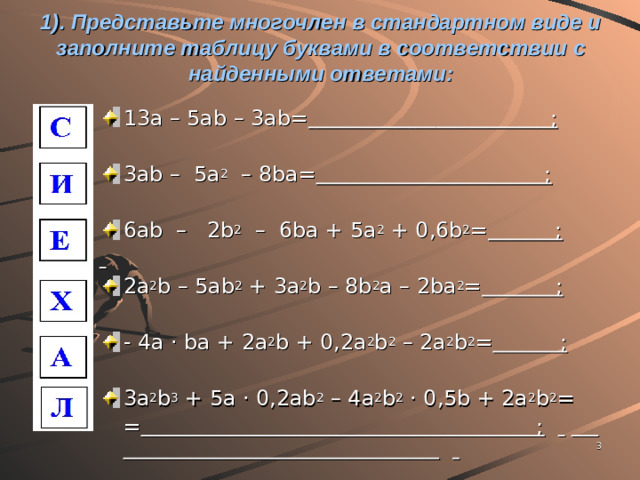 1). Представьте многочлен в стандартном виде и заполните таблицу буквами в соответствии с найденными ответами: 13a – 5ab – 3ab=         ;  3ab – 5a 2 – 8ba= ;  6ab – 2b 2 – 6ba + 5a 2 + 0,6b 2 = ;  2a 2 b – 5ab 2 + 3a 2 b – 8b 2 a – 2ba 2 = ;  - 4a · ba + 2a 2 b + 0,2a 2 b 2 – 2a 2 b 2 = ;  3a 2 b 3 + 5a · 0,2ab 2 – 4a 2 b 2 · 0,5b + 2a 2 b 2 =  = ;