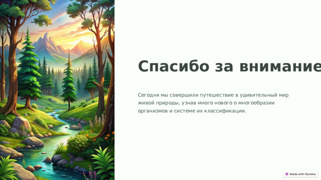 Спасибо за внимание! Сегодня мы совершили путешествие в удивительный мир живой природы, узнав много нового о многообразии организмов и системе их классификации.