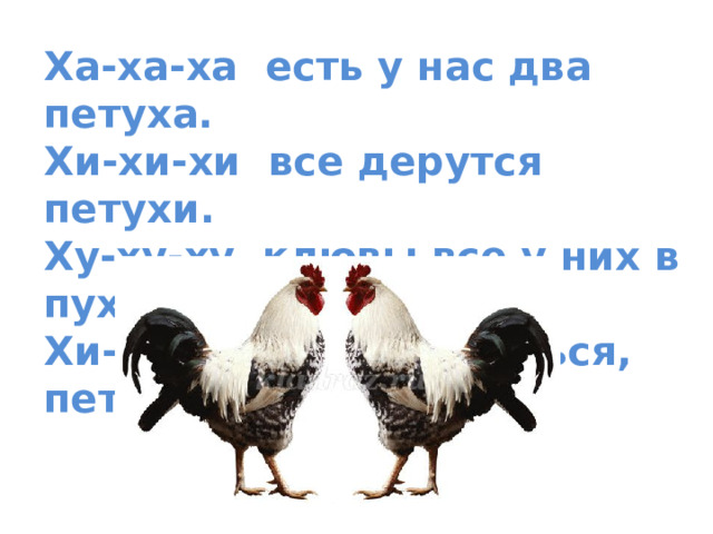 Ха-ха-ха есть у нас два петуха.  Хи-хи-хи все дерутся петухи.  Ху-ху-ху клювы все у них в пуху.  Хи-хи-хи хватит драться, петухи!