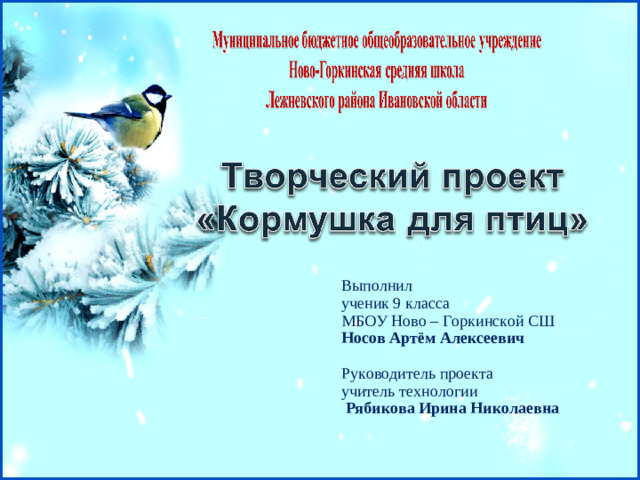 Выполнил ученик 9 класса МБОУ Ново – Горкинской СШ Носов Артём Алексеевич  Руководитель проекта учитель технологии  Рябикова Ирина Николаевна