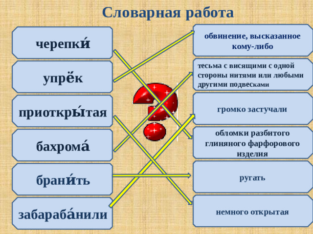 Словарная работа черепки́ обвинение, высказанное кому-либо упрё́к приоткры́тая бахрома́ брани́ть забараба́нили тесьма с висящими с одной стороны нитями или любыми другими подвес ками громко застучали обломки разбитого глиняного фарфорового изделия ругать немного открытая