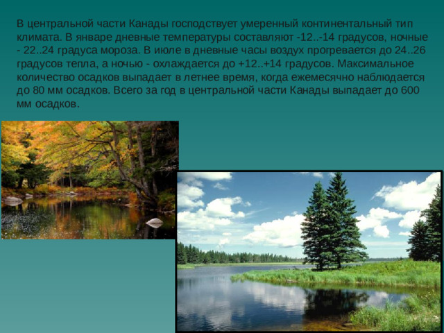 В центральной части Канады господствует умеренный континентальный тип климата. В январе дневные температуры составляют -12..-14 градусов, ночные - 22..24 градуса мороза. В июле в дневные часы воздух прогревается до 24..26 градусов тепла, а ночью - охлаждается до +12..+14 градусов. Максимальное количество осадков выпадает в летнее время, когда ежемесячно наблюдается до 80 мм осадков. Всего за год в центральной части Канады выпадает до 600 мм осадков. 