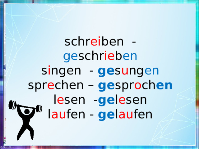 schr ei ben - ge schr ie b en  s i ngen - ge s u ng en  spr e chen – ge spr o ch en l e sen - ge l e sen  l au fen - ge l au fen