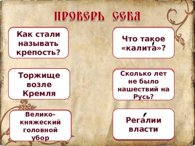 Кремль кошель Как стали называть крепость? Что такое «калита»? Красная площадь 40 лет Торжище возле Кремля Сколько лет не было нашествий на Русь? Регалии власти   Велико-княжеский головной убор