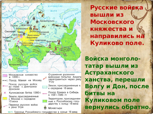 Русские войска вышли из Московского княжества и направились на Куликово поле.  Войска монголо-татар вышли из Астраханского ханства, перешли Волгу и Дон, после битвы на Куликовом поле вернулись обратно.