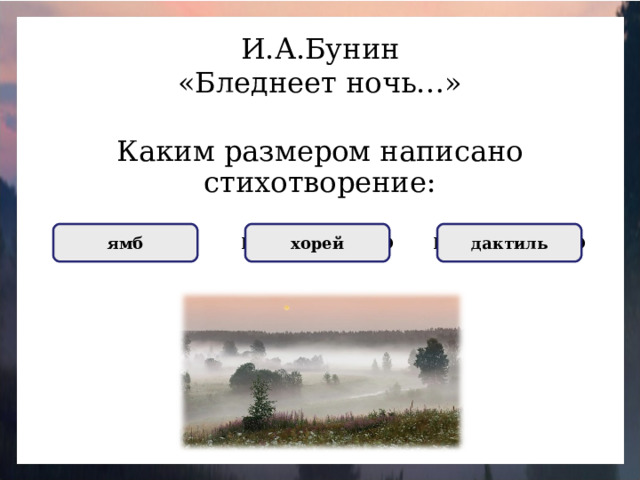 И.А.Бунин «Бледнеет ночь…» Каким размером написано стихотворение: ПРАВИЛЬНО ямб НЕПРАВИЛЬНО хорей НЕПРАВИЛЬНО дактиль