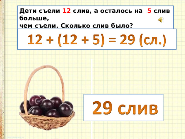 Дети съели 12 слив, а осталось на 5 слив больше, чем съели. Сколько слив было?