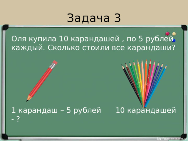 Задача 3 Оля купила 10 карандашей , по 5 рублей каждый. Сколько стоили все карандаши? 1 карандаш – 5 рублей 10 карандашей - ?